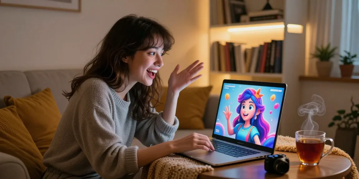 Engaging scene of a woman enjoying nsfw ai chat with vibrant character on her laptop in a cozy room.