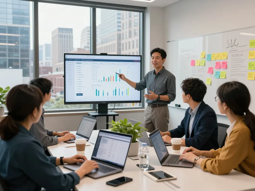 Local SEO NYC experts collaborating in an urban office, strategizing growth with data analytics.