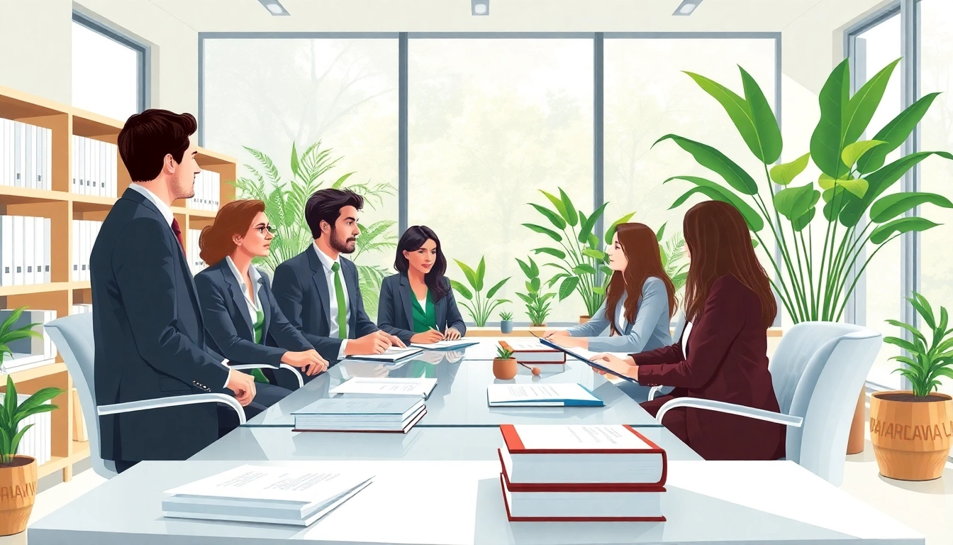 Environmental law firm team discusses sustainable practices in a collaborative environment.