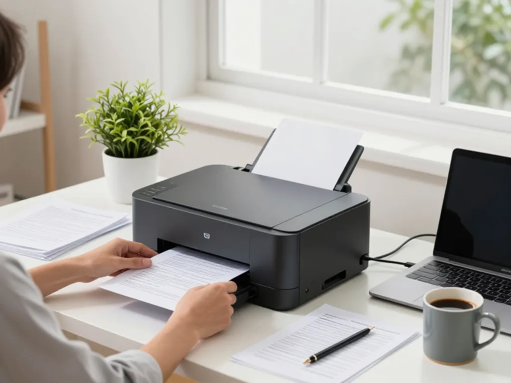 Smart printer in use at a modern home office, highlighting productivity and efficiency.