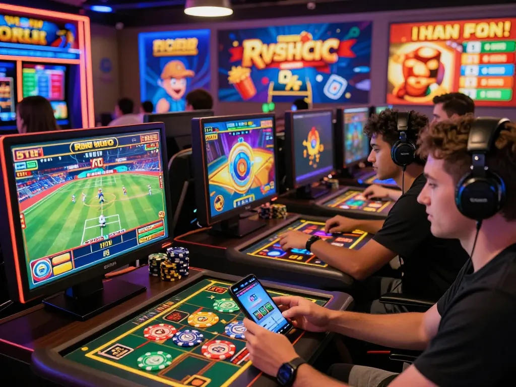 Engaged players enjoying the variety of games at nk88 online casino with colorful graphics and vibrant atmosphere.