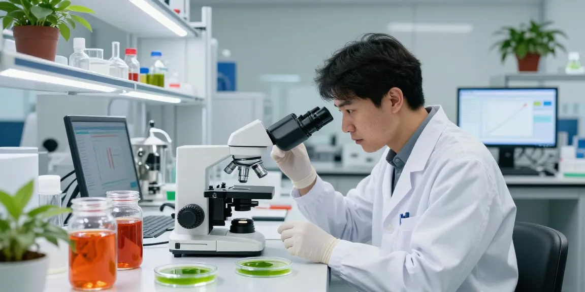 Scientist studying microalgae astaxanthin in a modern lab for health benefits.