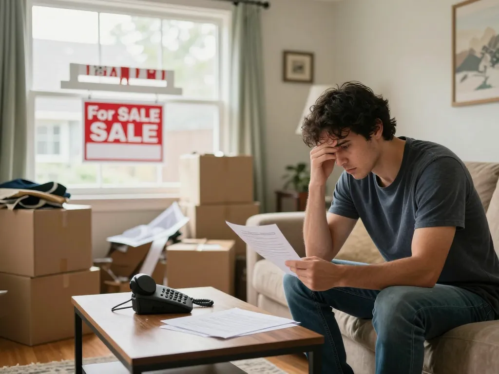 Homeowner needing to sell my home urgently with cluttered living room and "For Sale" sign visible.
