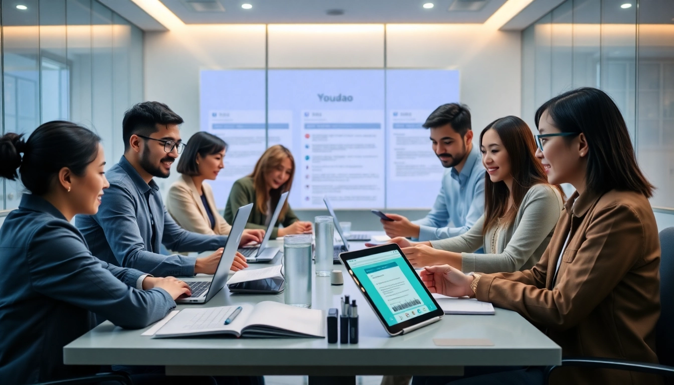 Youdao翻译 technology in a modern digital workspace with diverse professionals collaborating.