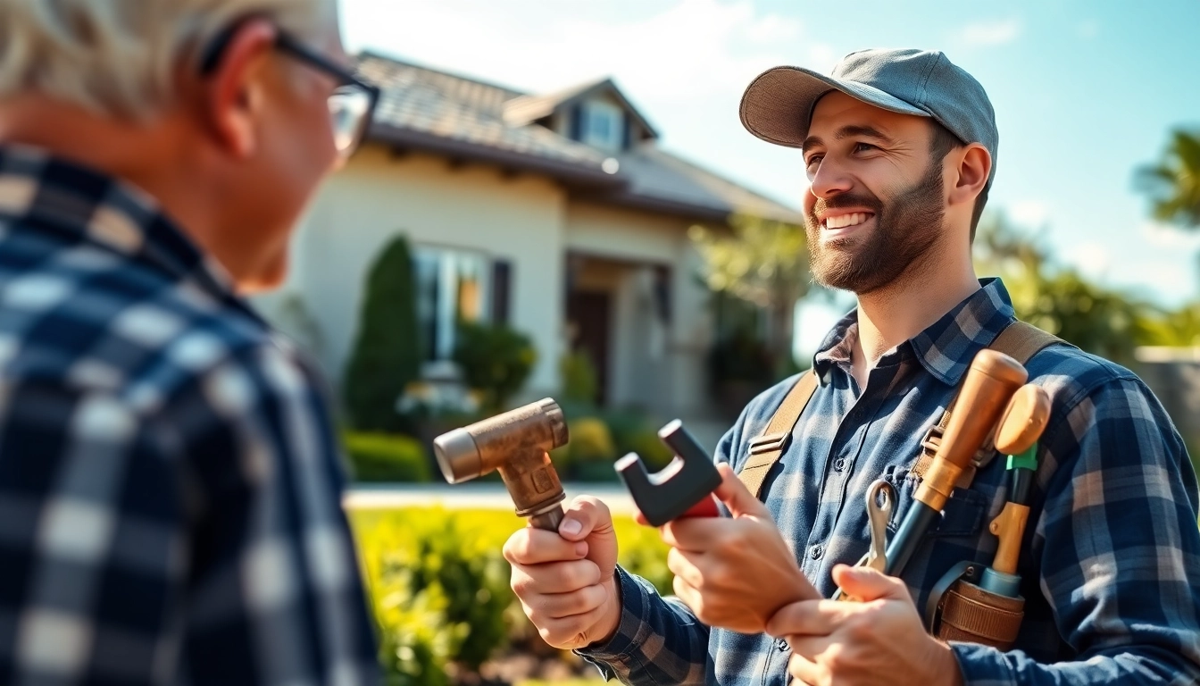 Plumber near me assisting a homeowner with friendly advice and tools.