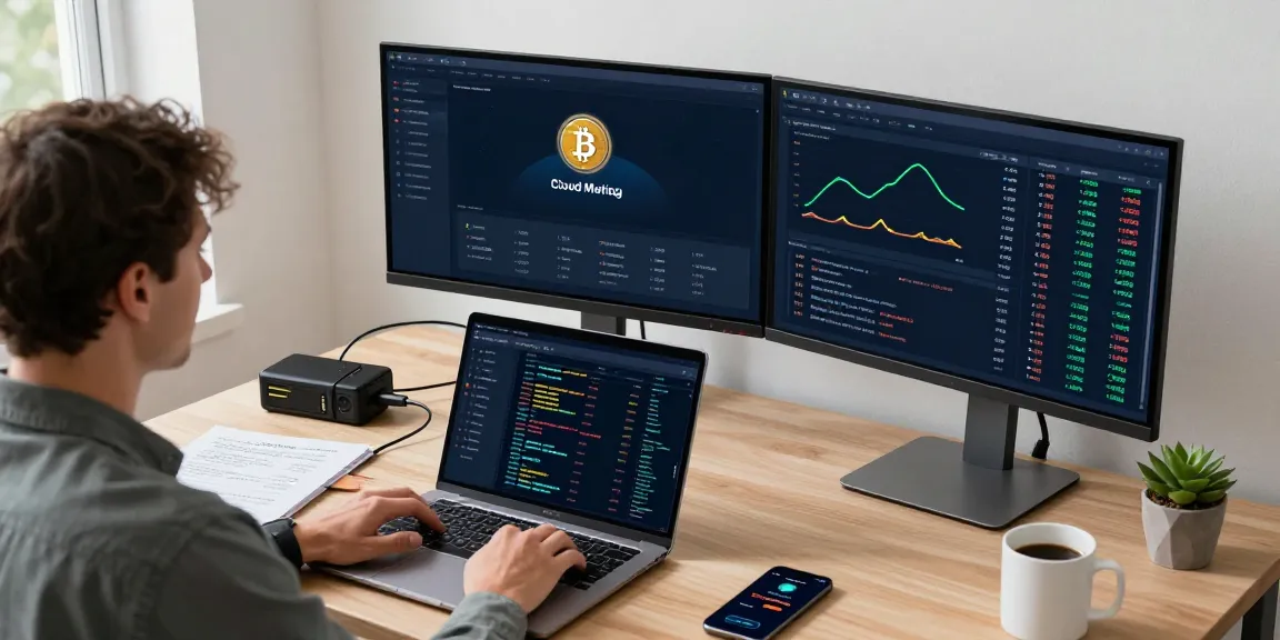 Secure cloud mining platform dashboard in modern workspace showcasing cryptocurrency performance metrics and focused user interaction.