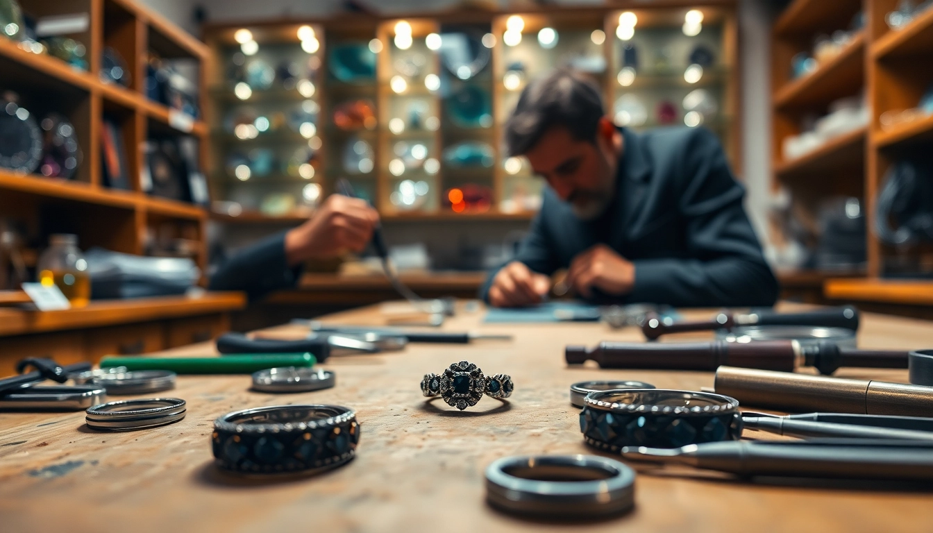 Craft a unique Black Zirconium Rings design displayed in an artisan jeweler's workshop.