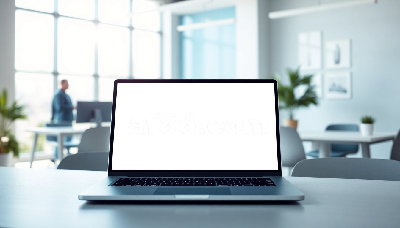 Showcase the af88 com website in a professional workspace setting with a sleek laptop design.