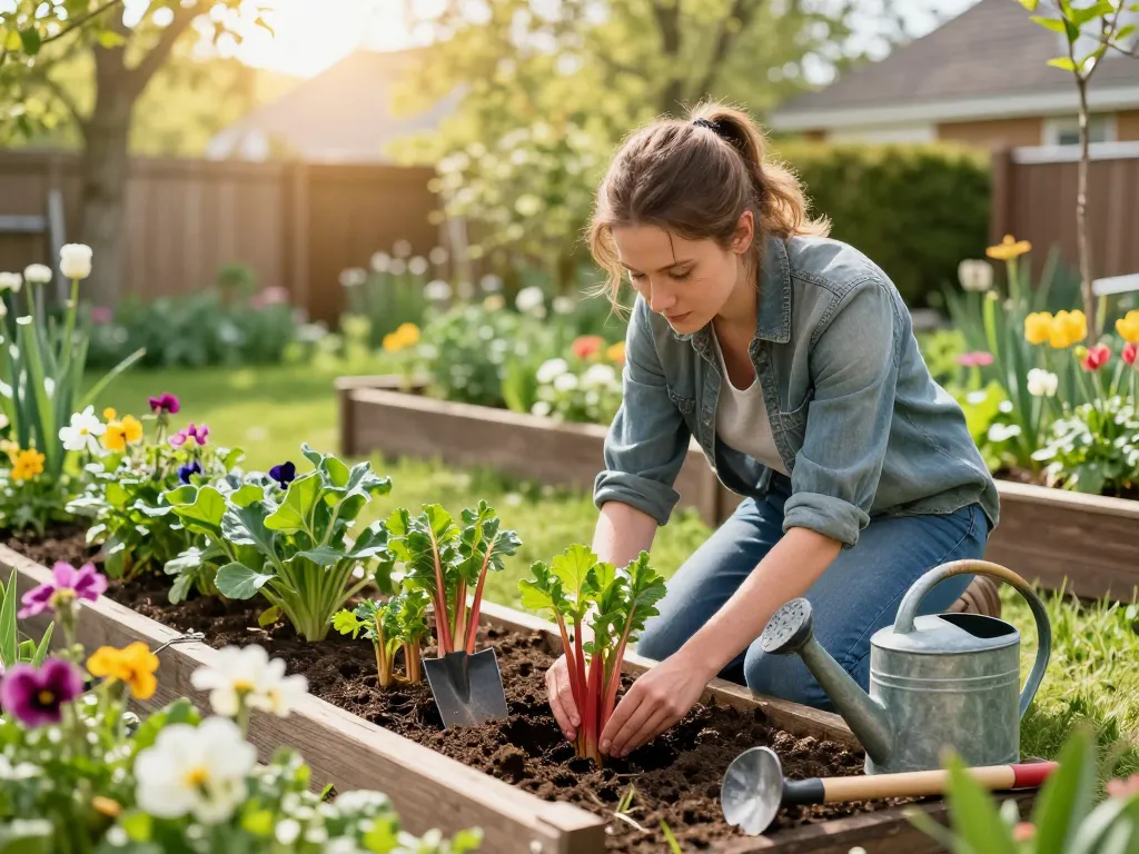 Gardener planting rabarber planten in a vibrant spring garden filled with colorful flowers and sunlight.
