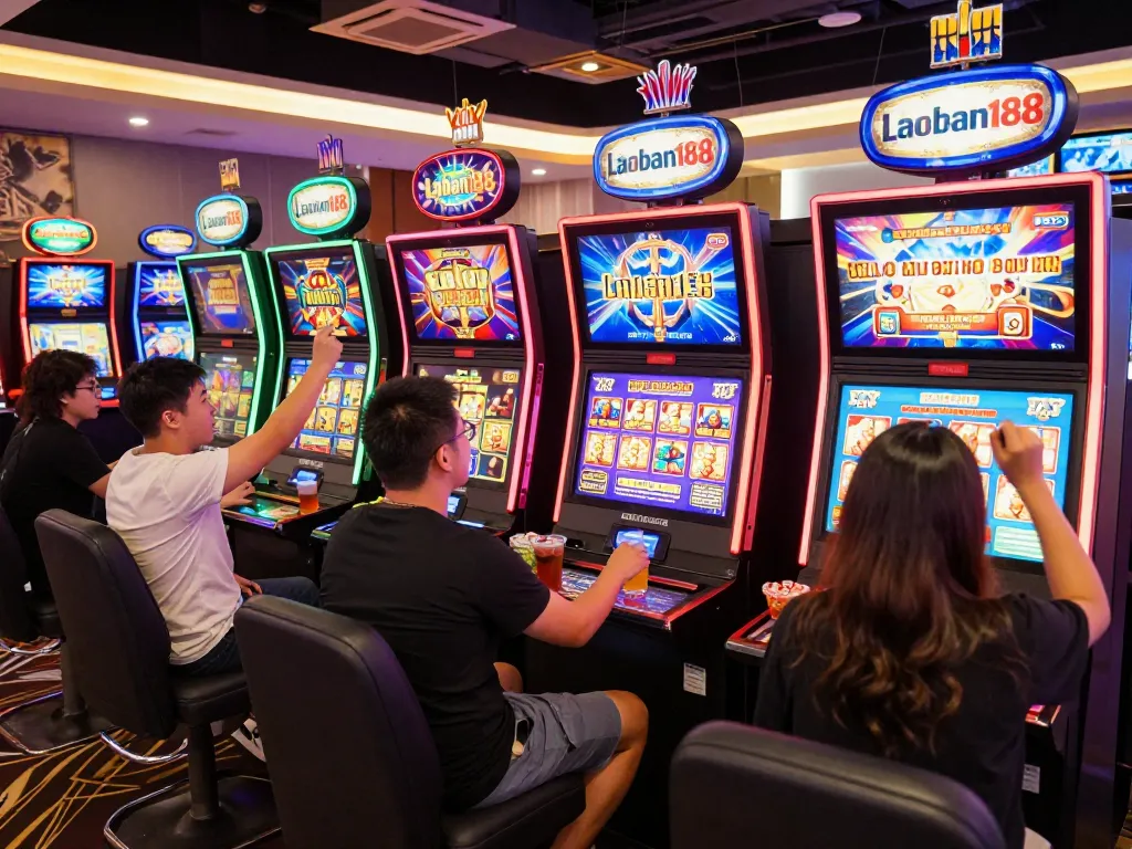 Suasana permainan yang mendebarkan di kasino slot online laoban188 dengan pemain yang menang.