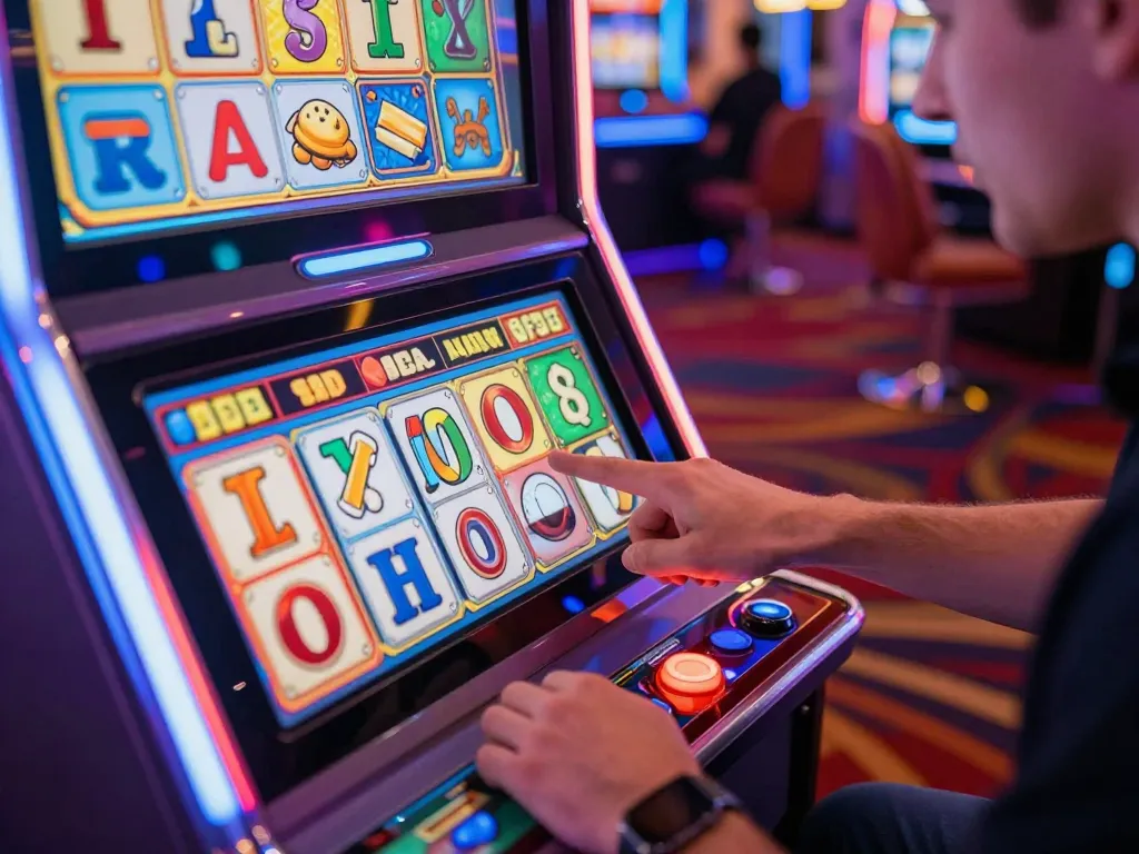Player engaging with slot gacor machine, excitement evident as reels spin during gameplay.