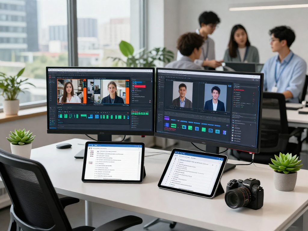 Detect AI image moderation in a tech workspace with dual monitors analyzing flagged images and user feedback.