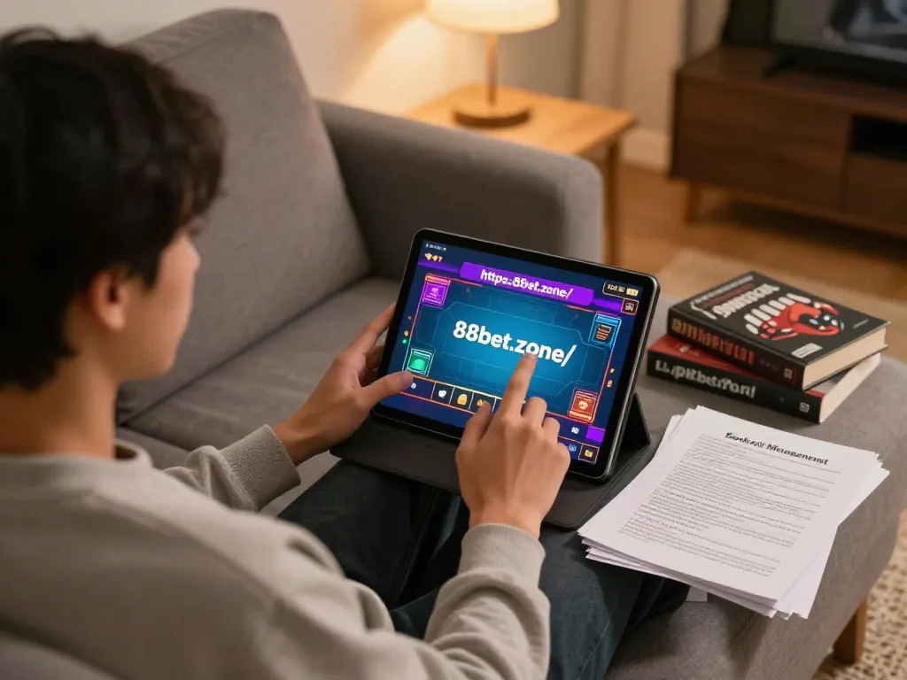 Engaging gaming moment at https://88bet.zone/ with tablet showing poker interface in a cozy home setup.