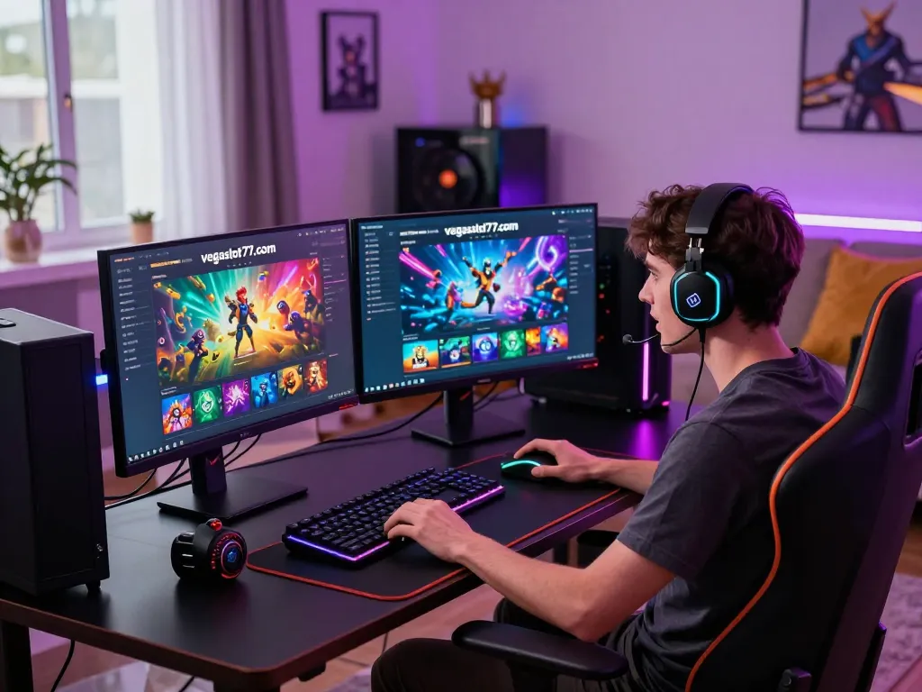 Exciting gaming setup showing user engaging with vegasslot77.com online slot games in a vibrant atmosphere.