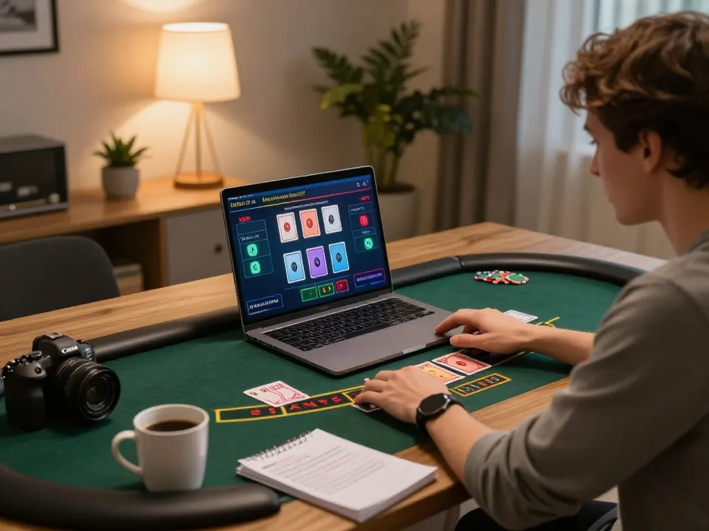 The person plays live dealer games at home using https://3win.blue/, emphasizing strategic betting in a cozy setting.