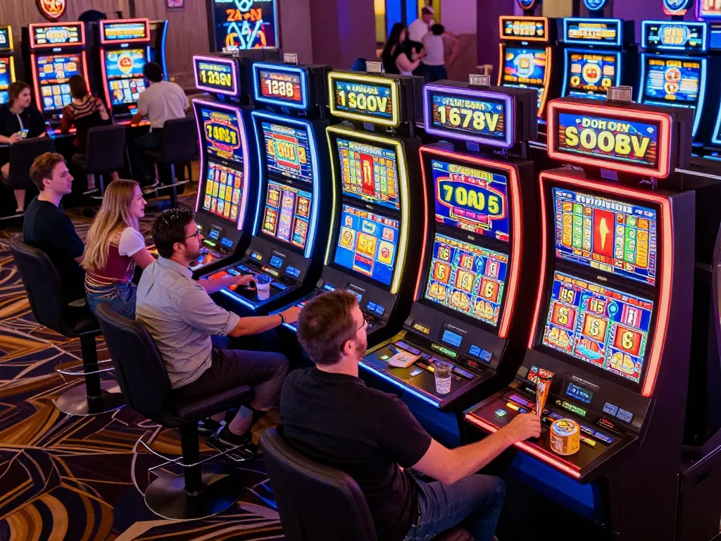 Players enjoying the excitement of tr88 slot machines at a lively casino event, vibrant atmosphere captured.
