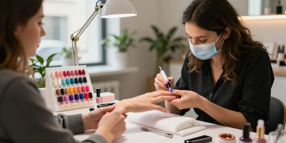Client primind aplicația de oja semipermanentă profesională într-un salon de frumusețe elegant, evidențiind culori vibrante și instrumente profesionale.