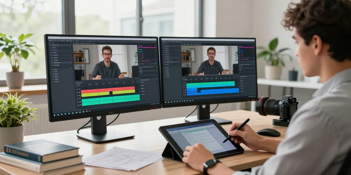 Video to prompt generation in an innovative tech workspace with a developer utilizing AI to analyze video content.