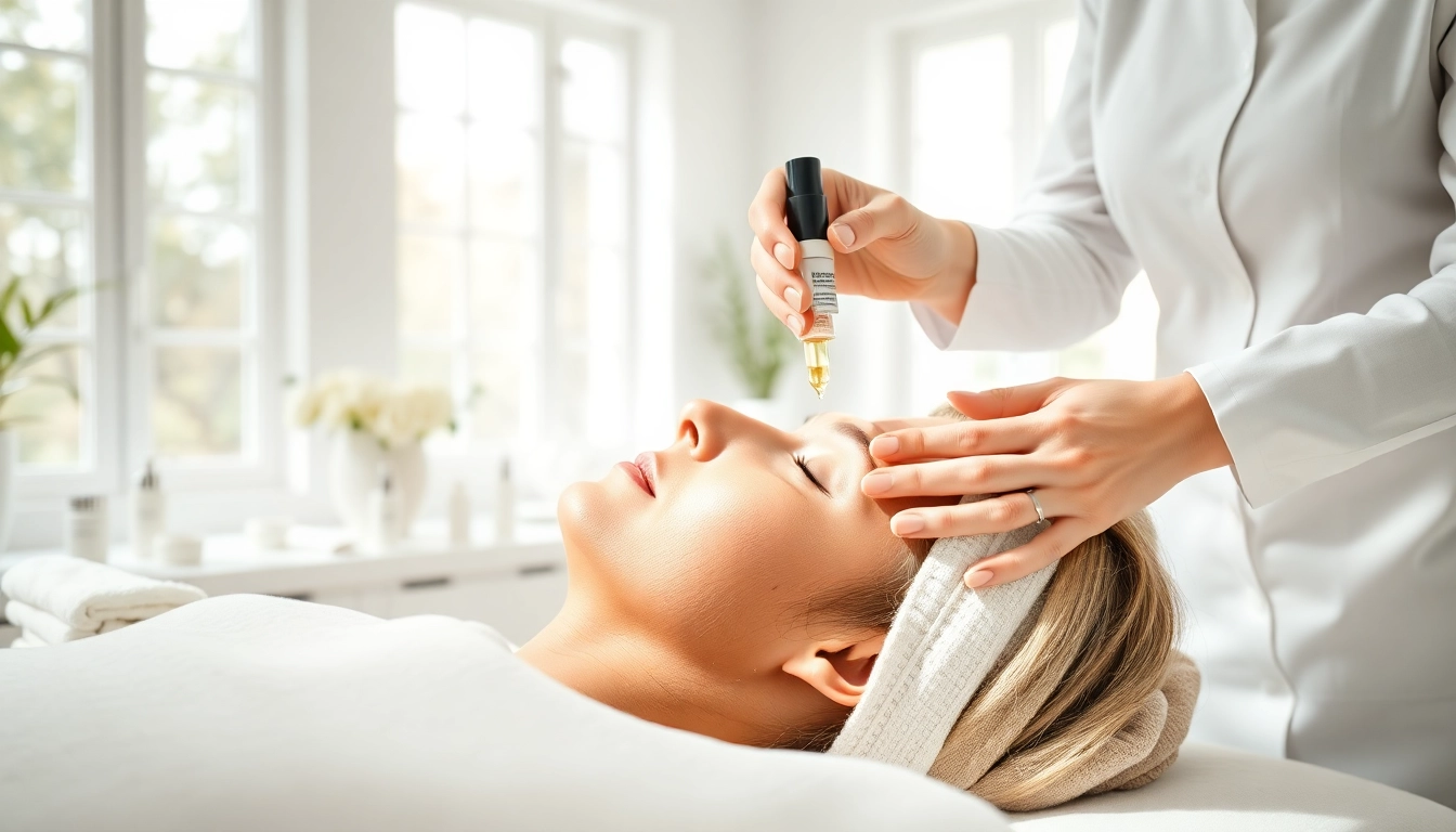 Client receiving face treatments in a professional clinic setting with soothing ambiance.