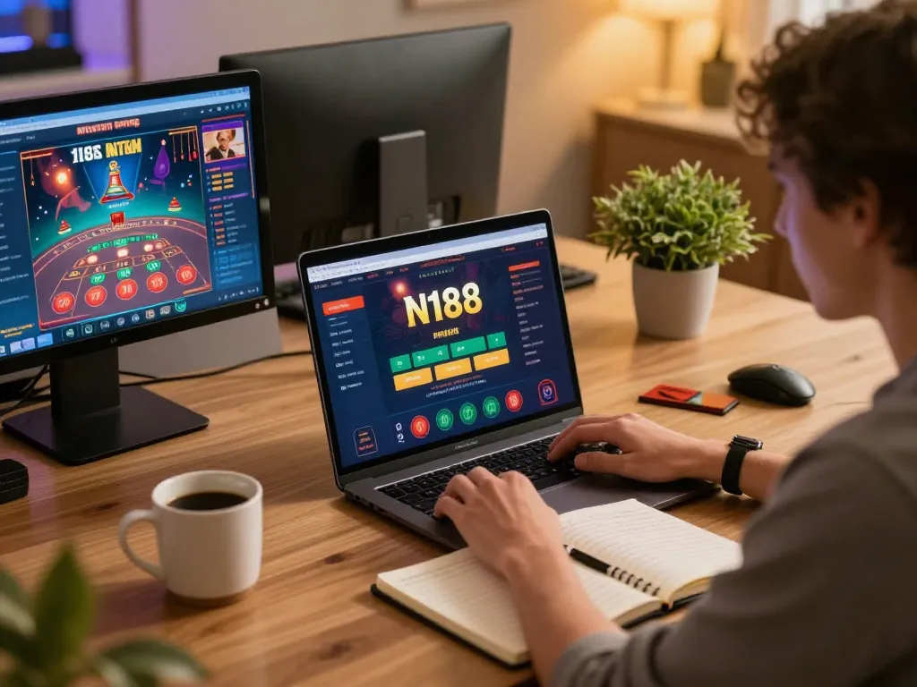 Engaged player accessing https://n188.build/ from a cozy setup, showcasing vibrant online casino experience.