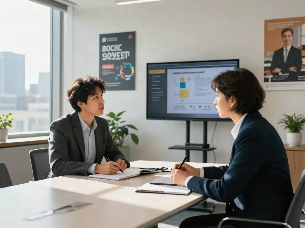 PedroVazPaulo Executive Coaching session between a coach and executive in a modern office.