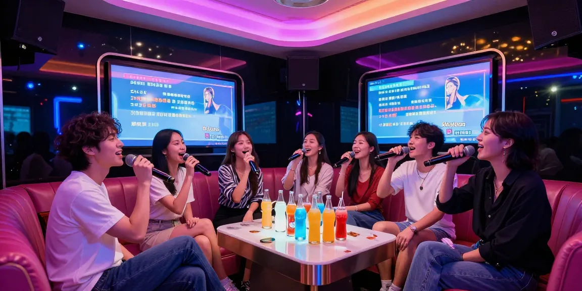 강남가라오케에서 화려한 조명 아래 친구들과 즐거운 시간을 보내는 모습