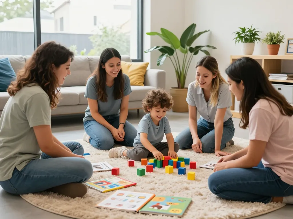 Child engaged in fun sensory therapy session at an occupational therapy Sydney clinic, surrounded by supportive therapists in a bright, welcoming environment.
