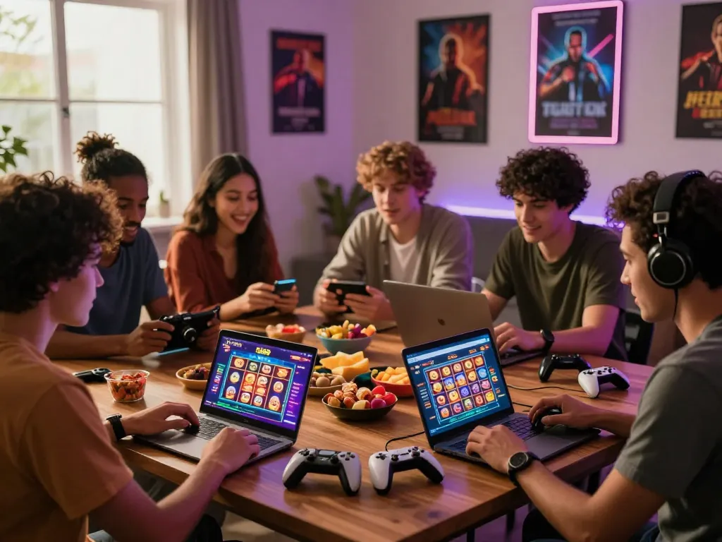 Friends engaging in an exciting gaming session on TG88 platform with vibrant snacks and devices.