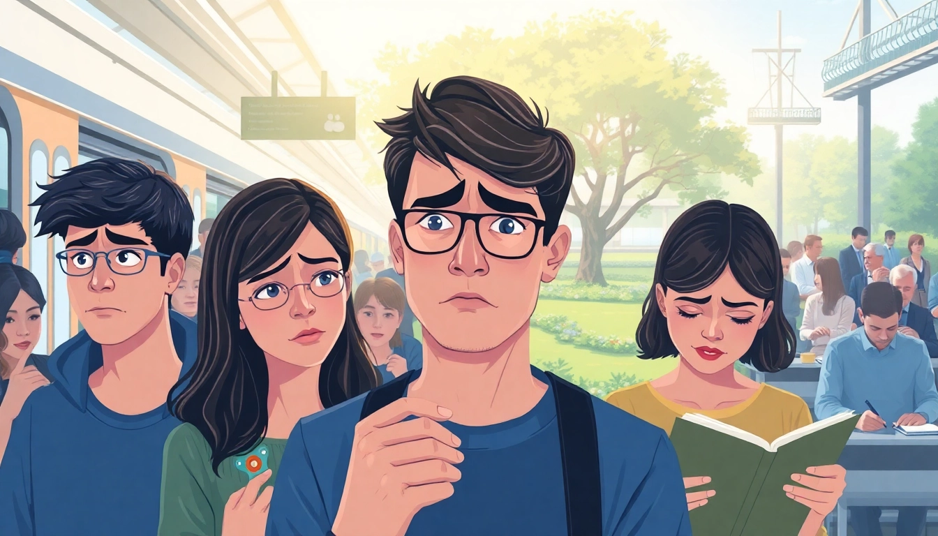 Anxiety symptoms illustrated through varied settings and expressions