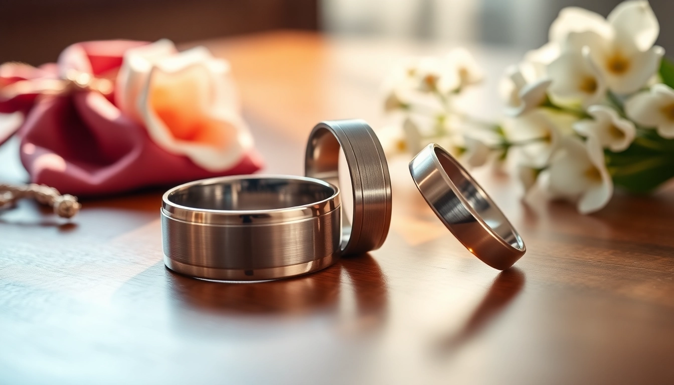 Showcasing stunning tungsten wedding bands with polished surfaces and elegant designs.