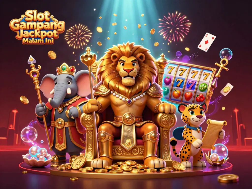 Slot Gampang Jackpot Malam Ini menampilkan raja singa duduk di atas tahta koin emas dengan efek kasino yang memukau.