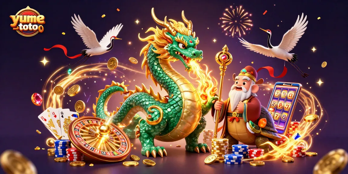 Engage with yumetoto's vibrant casino world, illustrated with a jade dragon, turtle sage, and cranes amidst a dynamic gambling scene.