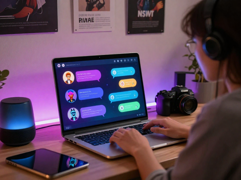 Engaging with an innovative NSFW chat bot in a cozy tech workspace