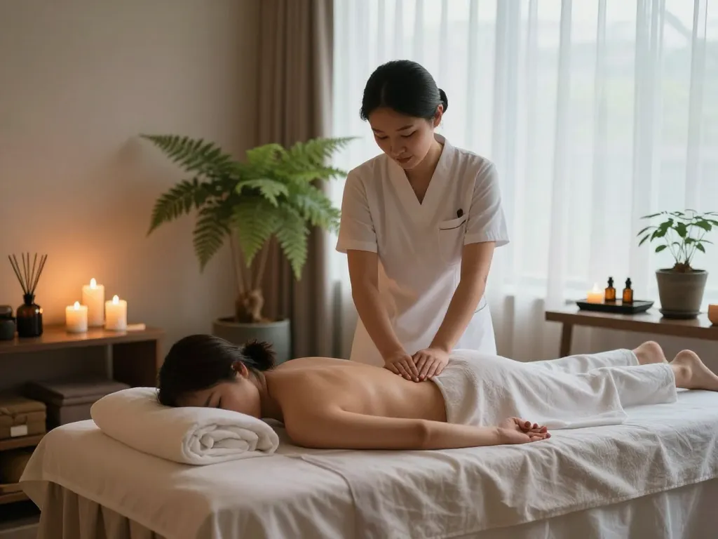 편안한 분위기의 동대문스웨디시 마사지 세팅을 보여주는 편안한 마사지 치료실.