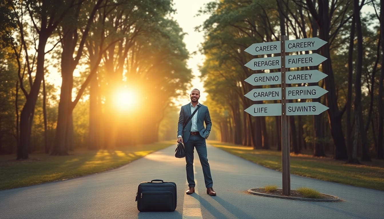 Individual at a career crossroads, symbolizing a journey to Find my true calling with hopeful signs of opportunity.