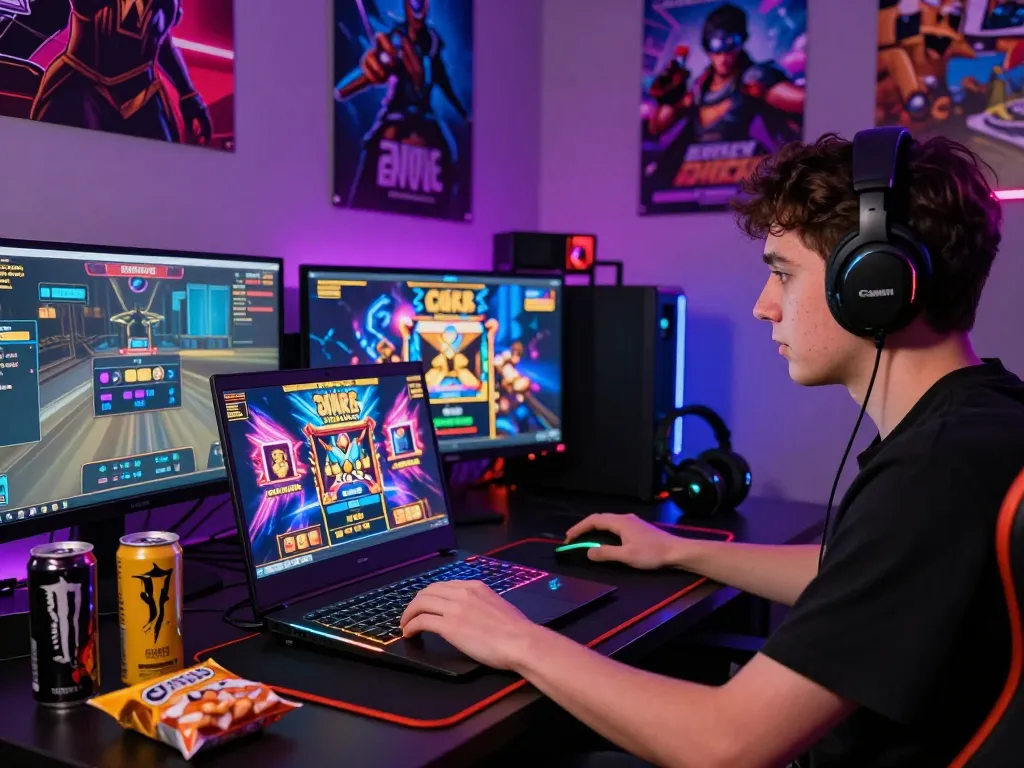 Gamer terlibat bermain slot gacor hari ini di setup permainan yang cerah dengan camilan dan minuman energi.