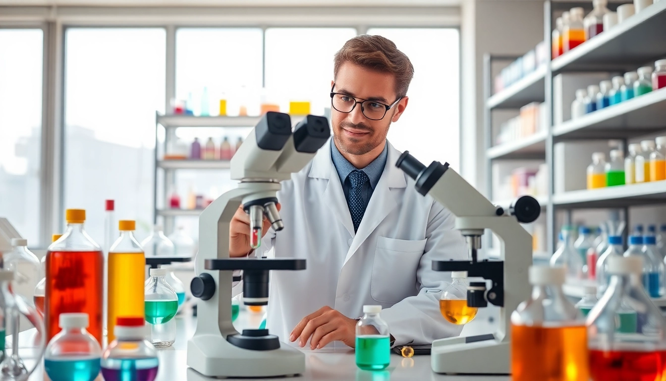 NAD+ research by a scientist in a vibrant laboratory environment with various equipment.
