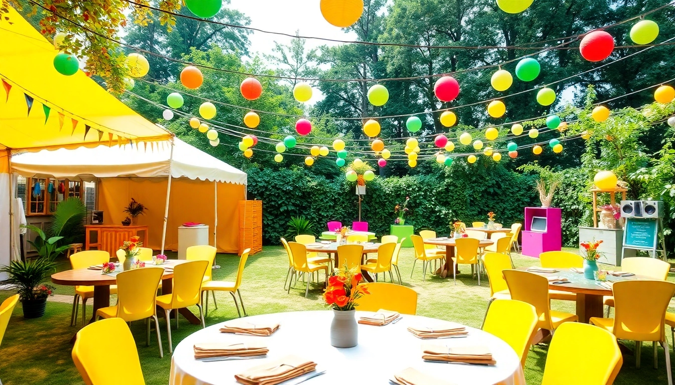 Party Rentals Near Me showcasing a vibrant outdoor setup with festive decorations and rental items.