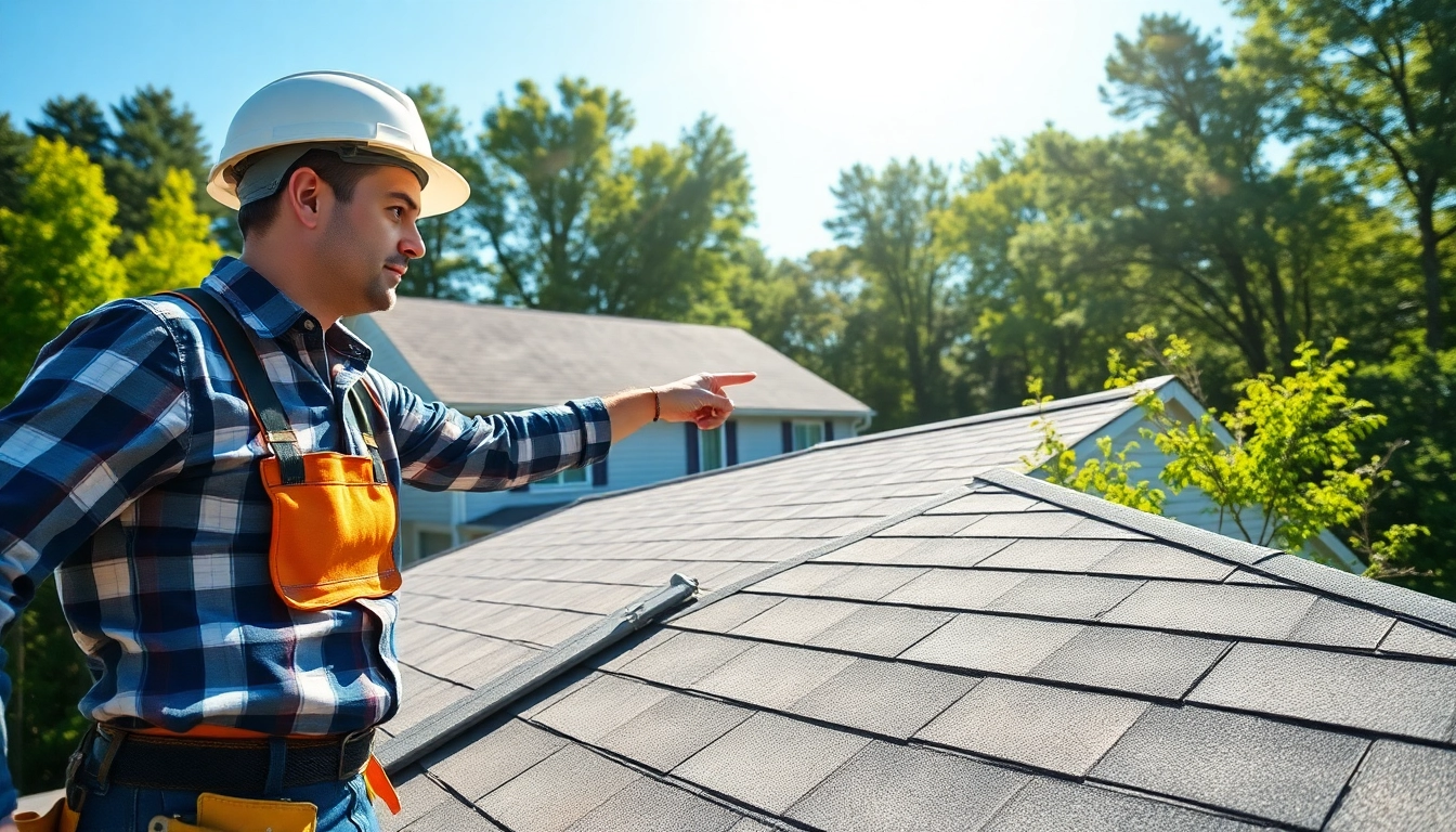 Roofing contractor evaluating roof shingles during an installation in bright sunlight.