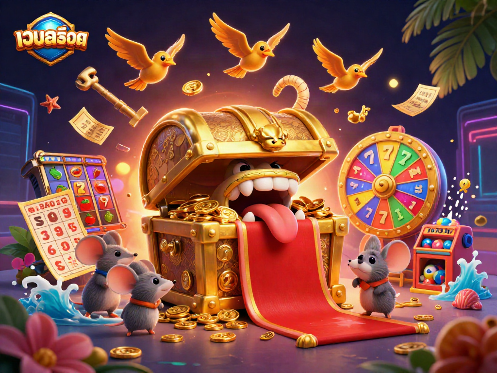 Engage with เว็บสล็อต characters in a vibrant casino landscape filled with riches and games.