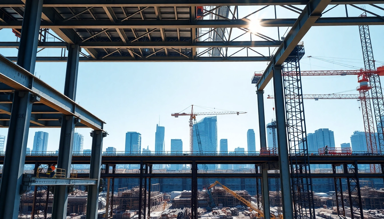 Showcasing structural steel construction at a busy site with cranes and workers assembling metal structures.
