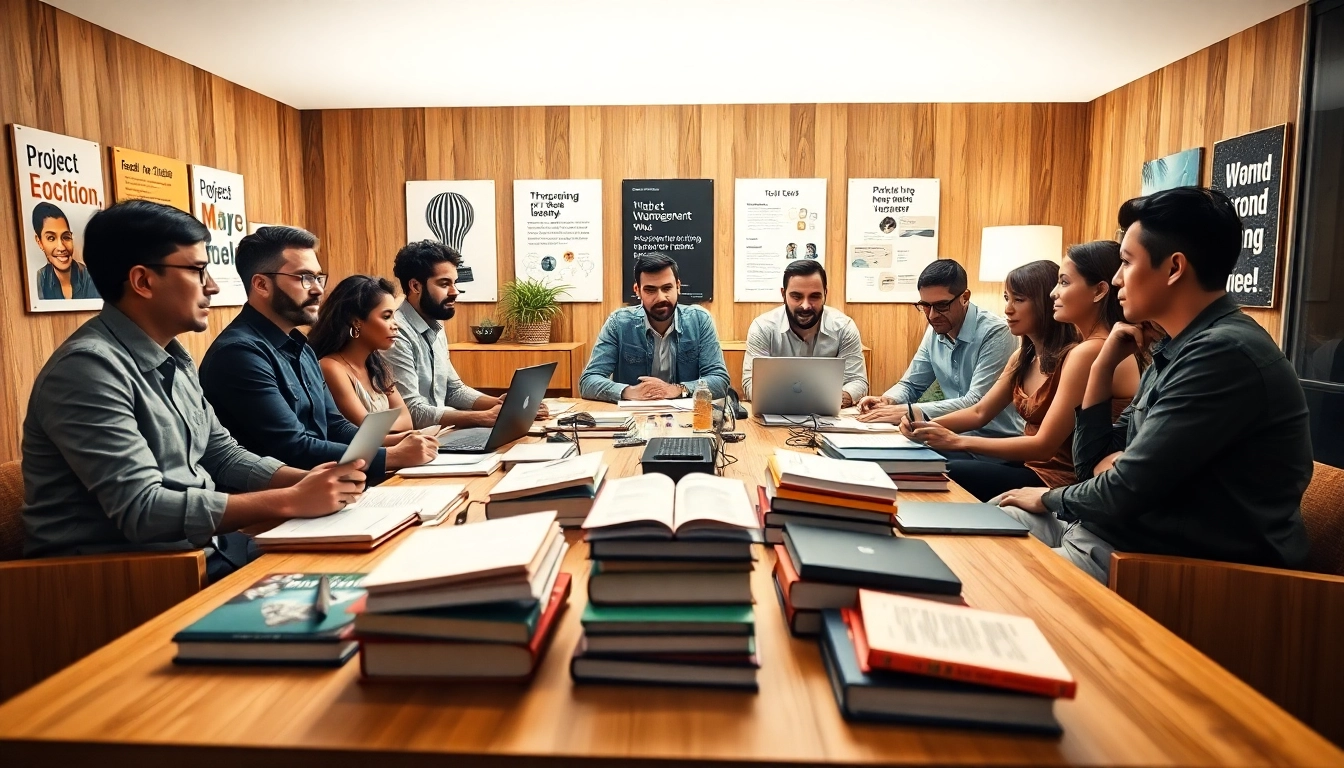 PMP exam support study group collaborating in a bright, professional setting.