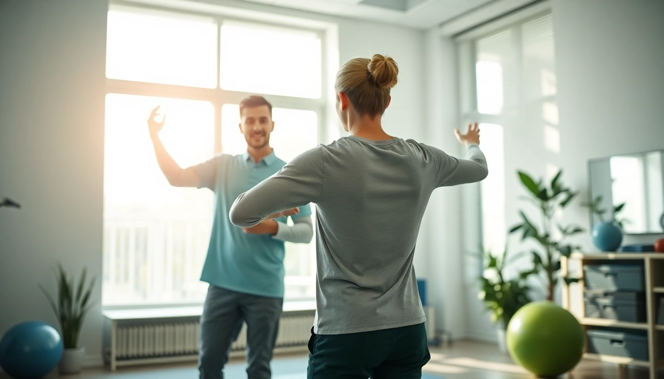 Engaging back pain treatment demonstration by a physiotherapist in a bright clinic setting.
