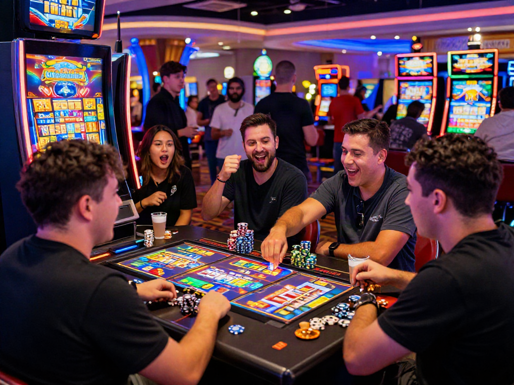 Players excitedly enjoying a slot bonus game at a casino, surrounded by vibrant lights and lively atmosphere.