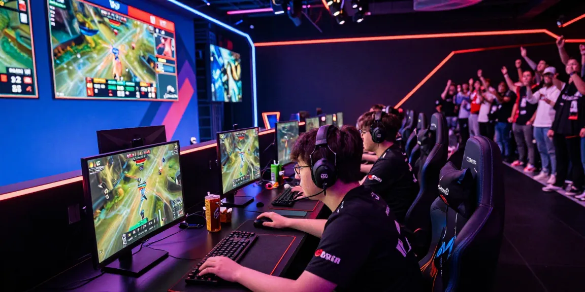 PROOFCORE user immersed in competitive gaming during an esports tournament, showcasing intense gameplay and vibrant atmosphere