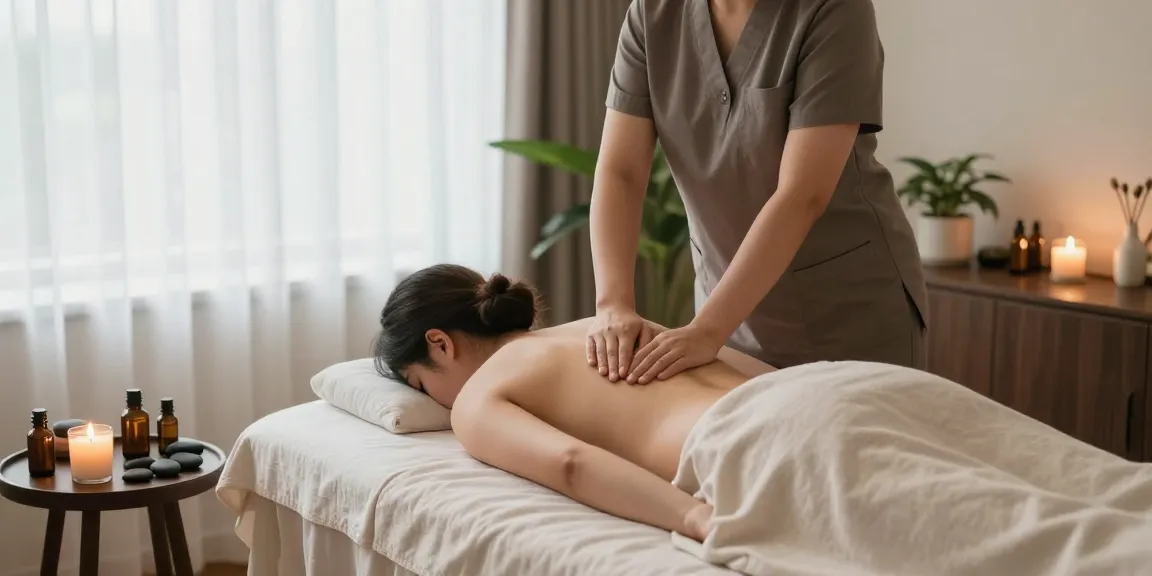 불당동마사지 세션에서 편안한 마사지 스튜디오의 고요한 분위기와 전문 치료사가 고객에게 제공하는 스웨디시 마사지 모습