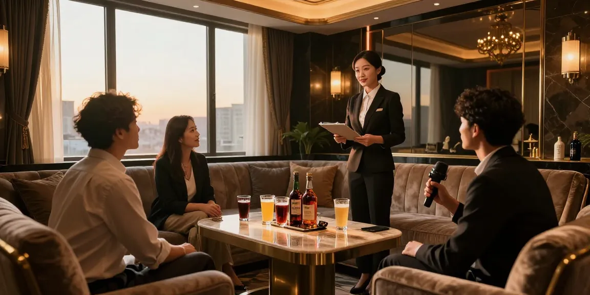 강남쩜오의 프리미엄 노래방에서 고급스러운 분위기와 전문 서비스가 조화를 이루는 장면