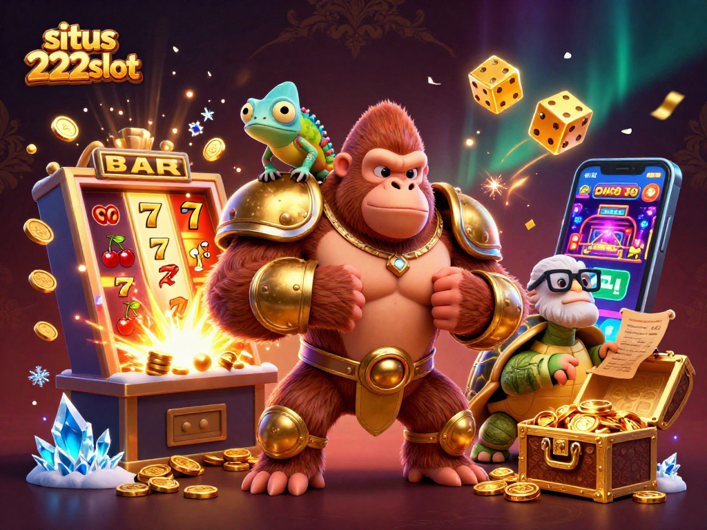Permainan slot di situs 222slot menampilkan gorila berarmor emas dan mesin slot meledak dengan koin.