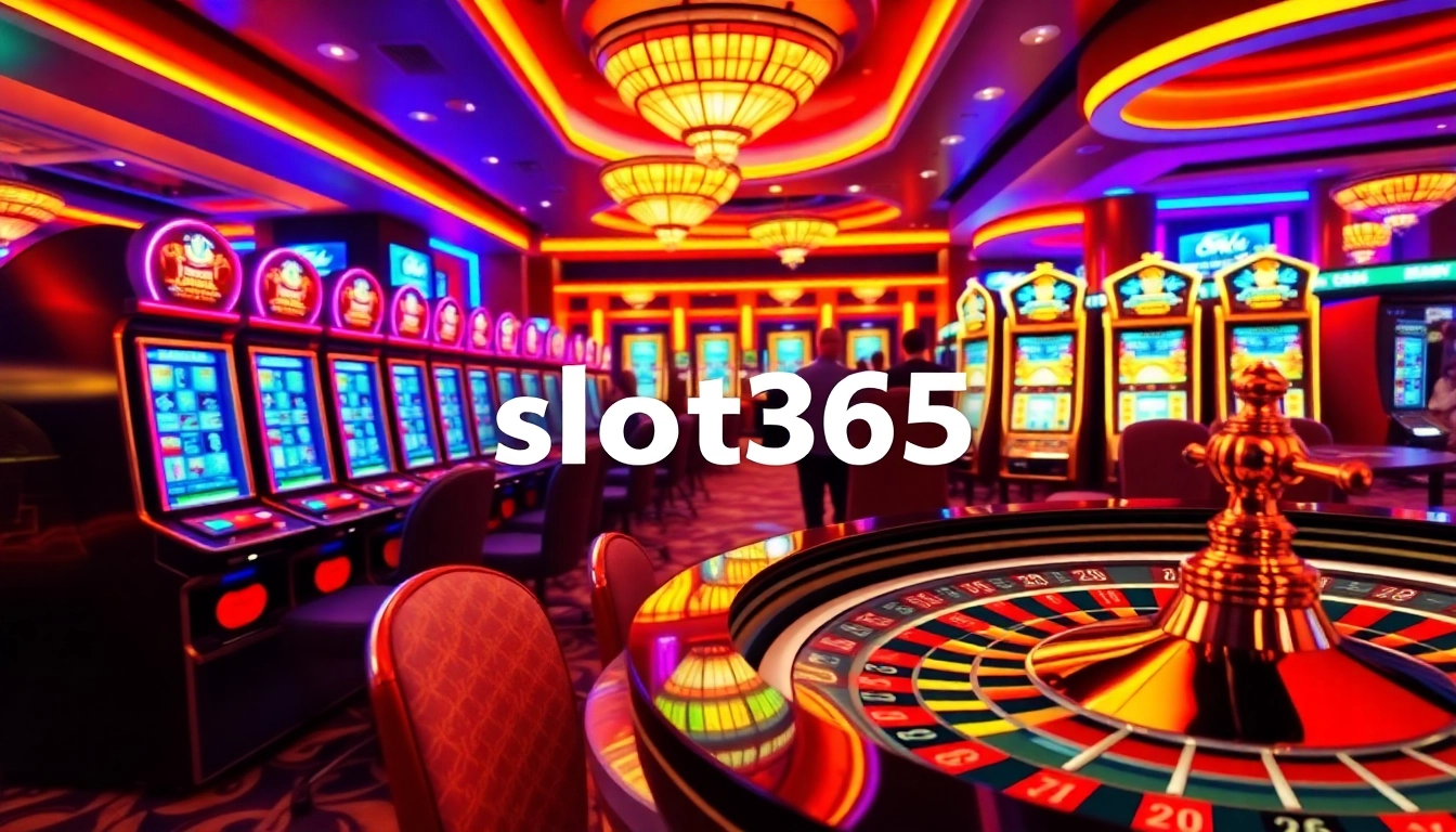 Players enjoying the excitement of slot365 with vibrant slot machines and roulette tables.