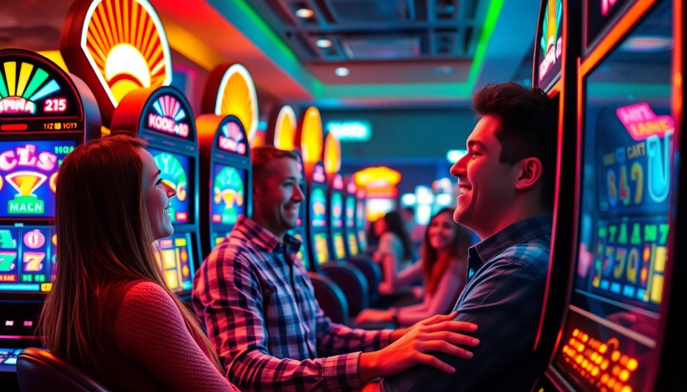 Kode4d slot machine gaming experience with joyful players and vibrant colors